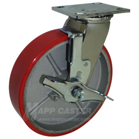 Mapp Caster 8"X2" Red Poly on Iron Whl Swvl Caster W/ Top Lock Brake, 1,250Lbs Cap 146PURB820SB